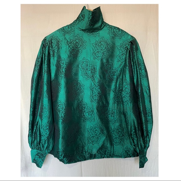 Vintage 80s 90s Emerald Green Floral Silk Secretary Blouse Top w/ Shoulder Pads - Picture 1 of 5